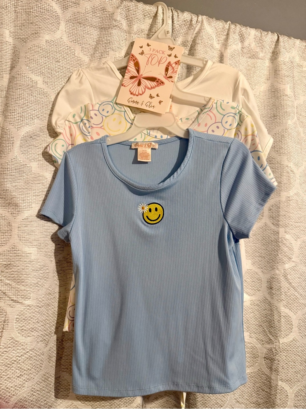 3-Pack Girls' Short Sleeve Tees - Light Blue Smile, White, Pastel Print
